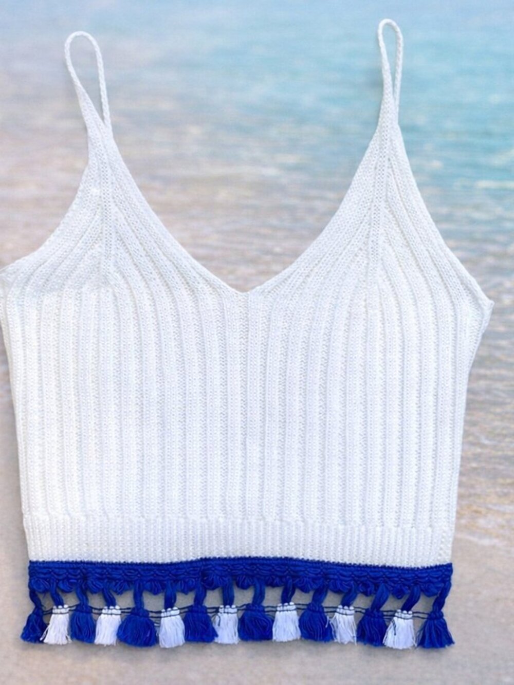 White Knit Tassel Crop Top Coastal Boho Tank Beachy Ribbed Knit Cami Barbiecore